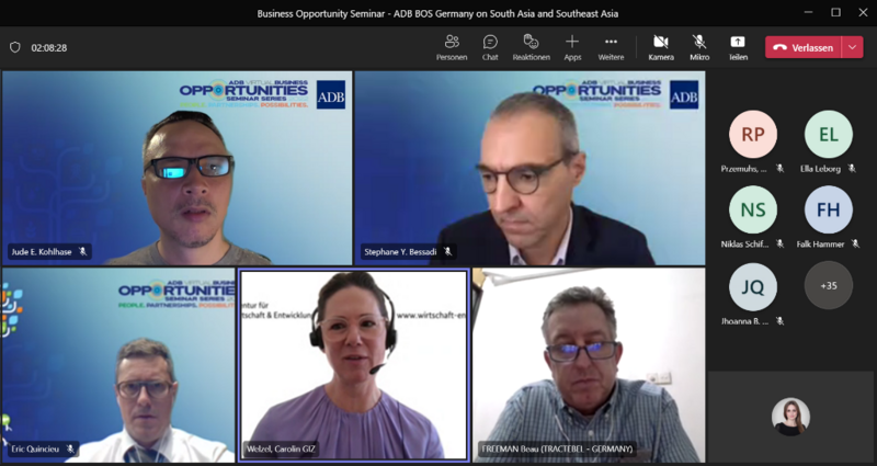 Der Screenshot zeigt Gesichter von fünf Personen, die am virtuellen „Business Opportunity Seminar“ teilnehmen. 